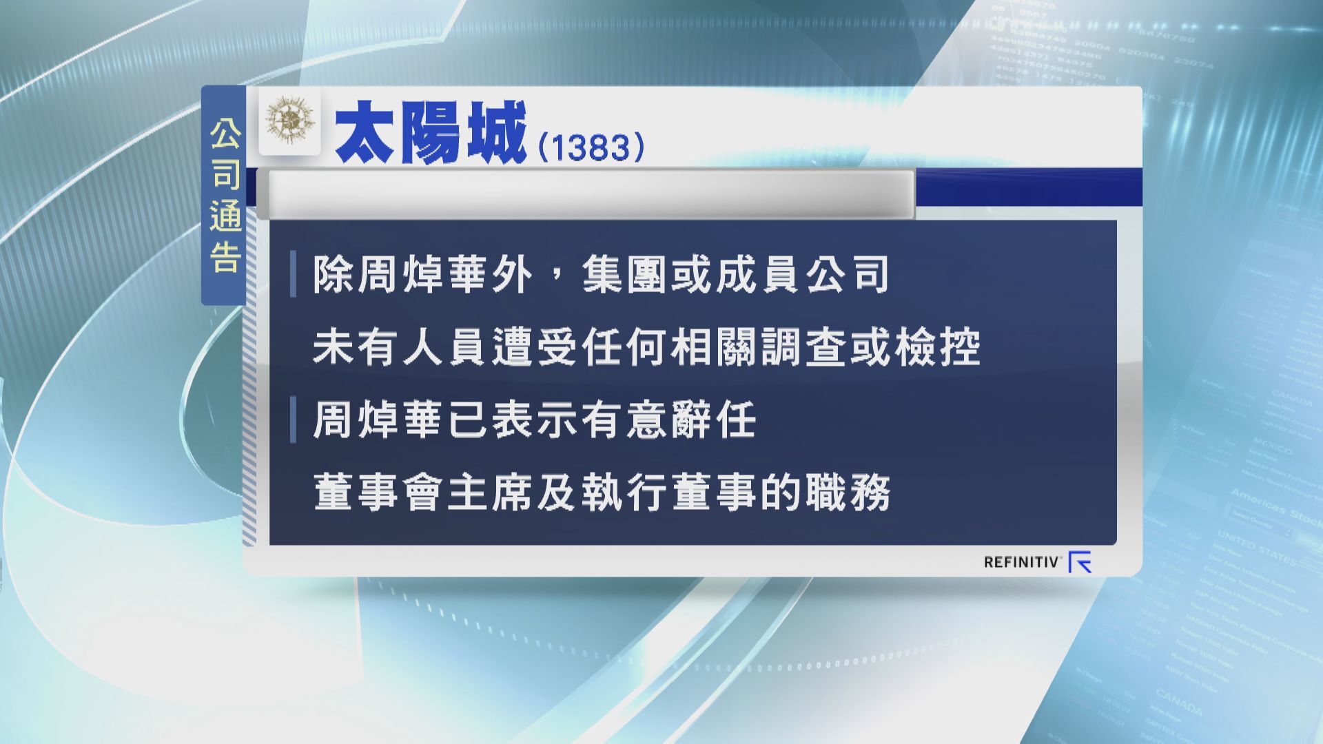 【復牌急瀉】太陽城:倘失周焯華支持會影響營運