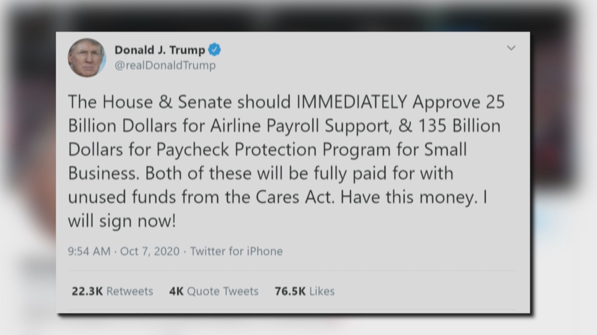 特朗普：會簽個別刺激法案