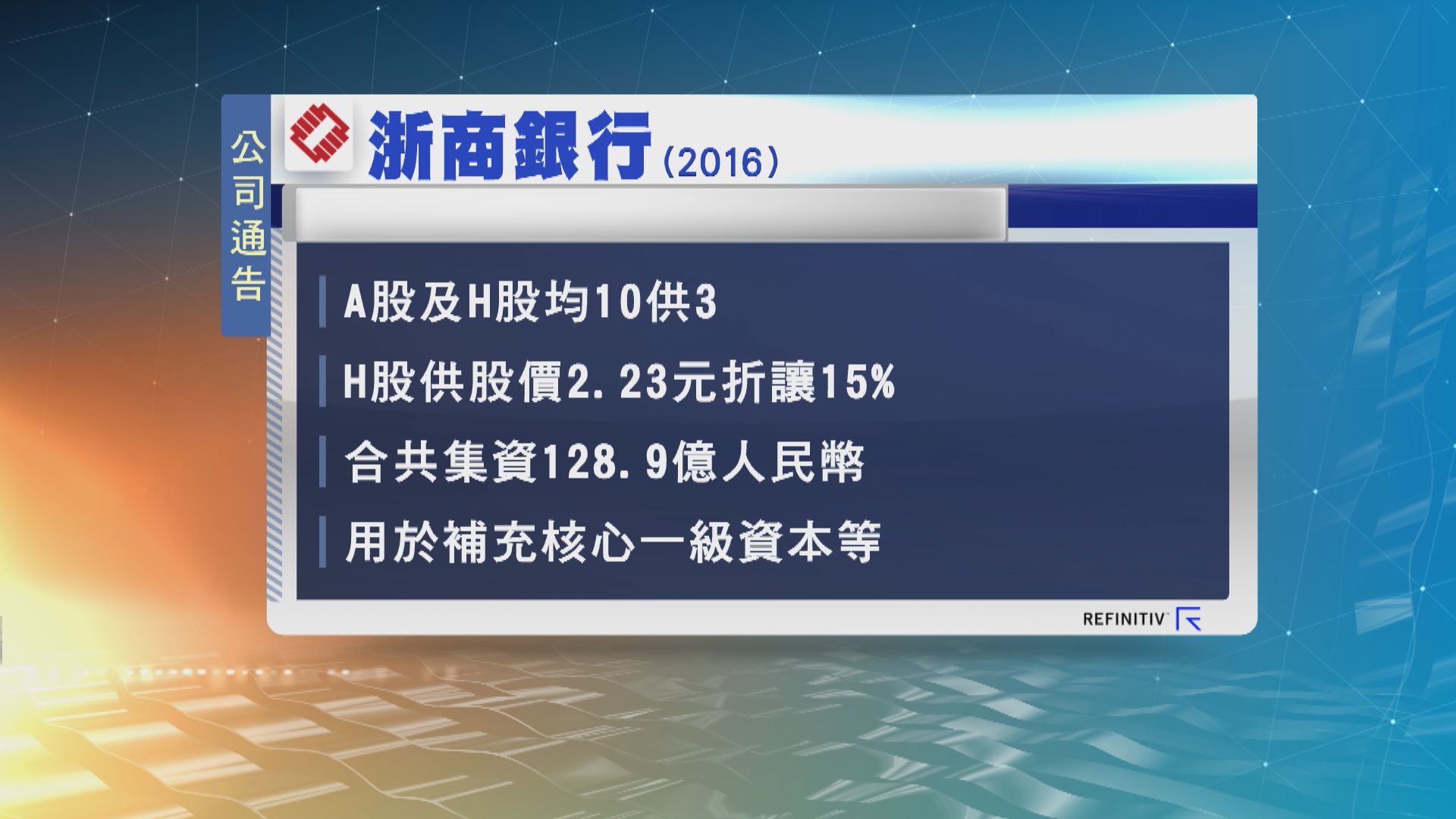 浙商銀行擬10供3 集資約129億人民幣