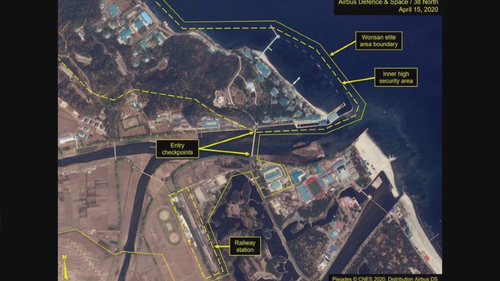 衛星圖片拍到金正恩專列火車停泊在北韓東部元山市