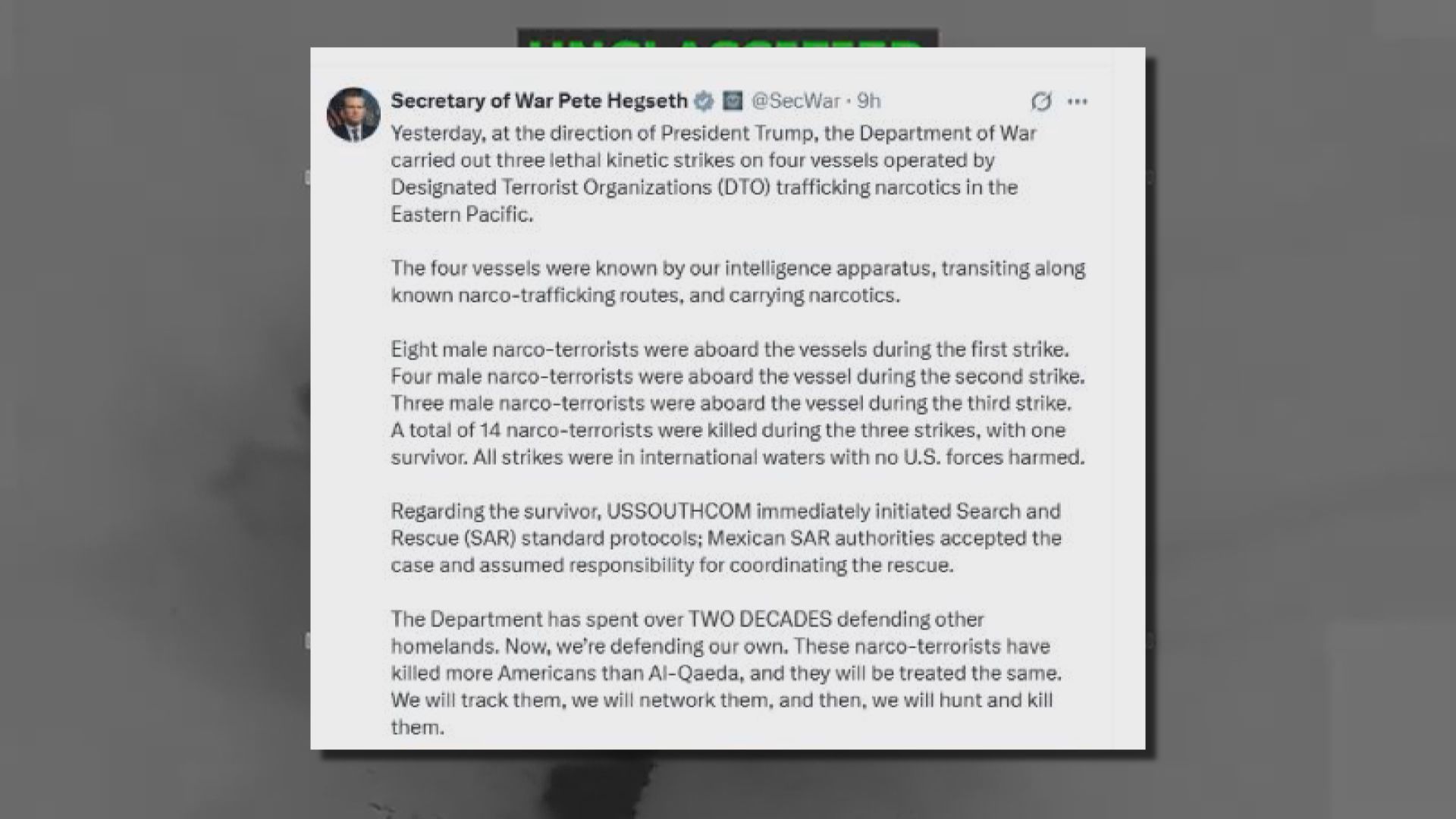 美軍再發動空襲擊沉四艘販毒船　船上14人死亡1人生還