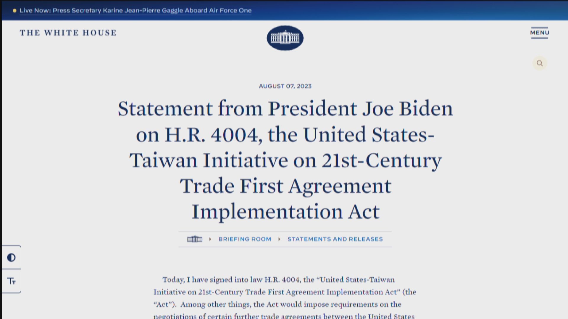 拜登簽署美台貿易倡議首批協定實施法案