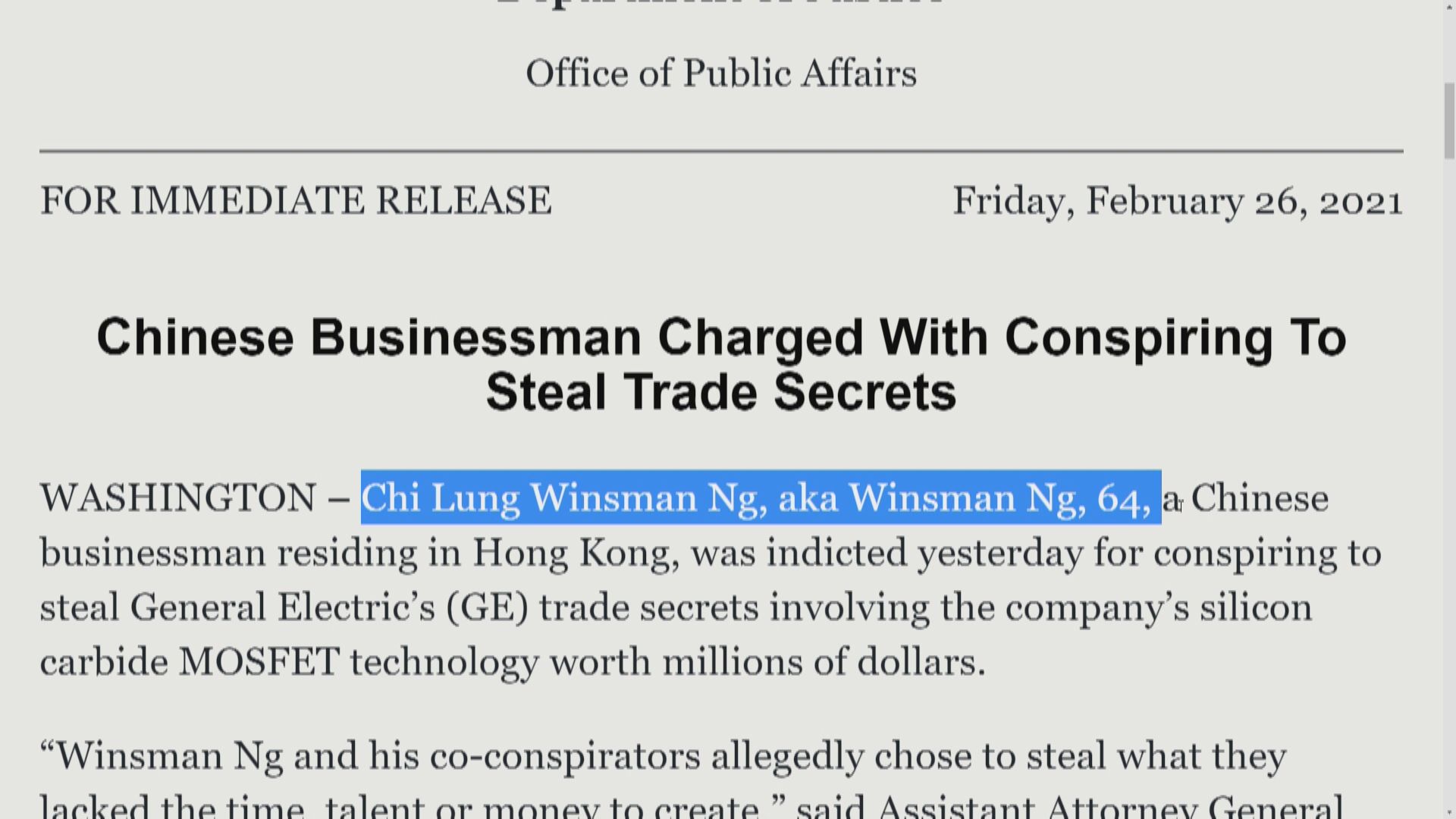 美起訴居港中國商人盜通用電氣技術