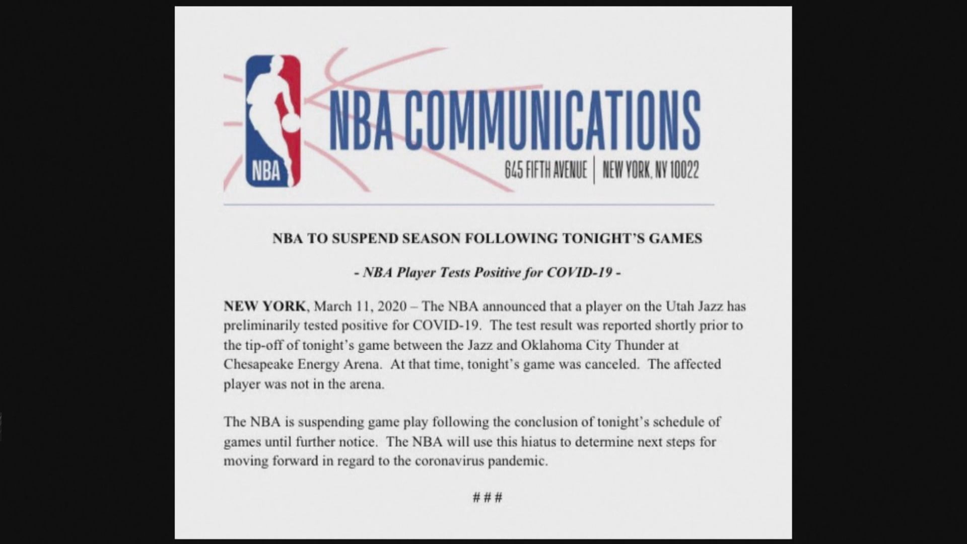 NBA有球員初步確診　今季所有賽事暫停